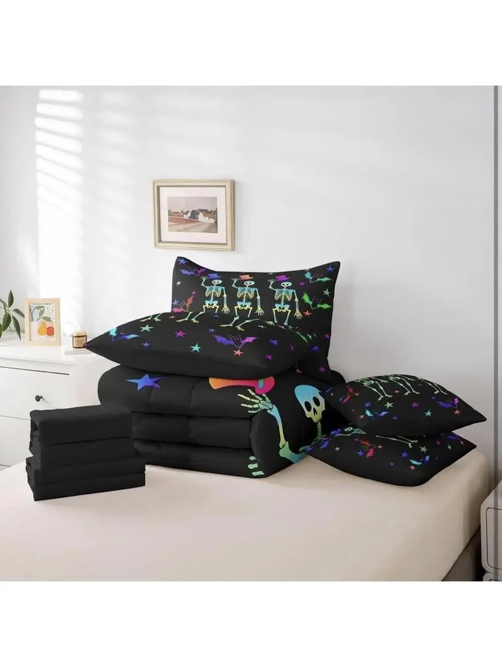 Erosebridal Sugar Skull Queen Size Comforter Horror Theme Sheet Set - Brand New